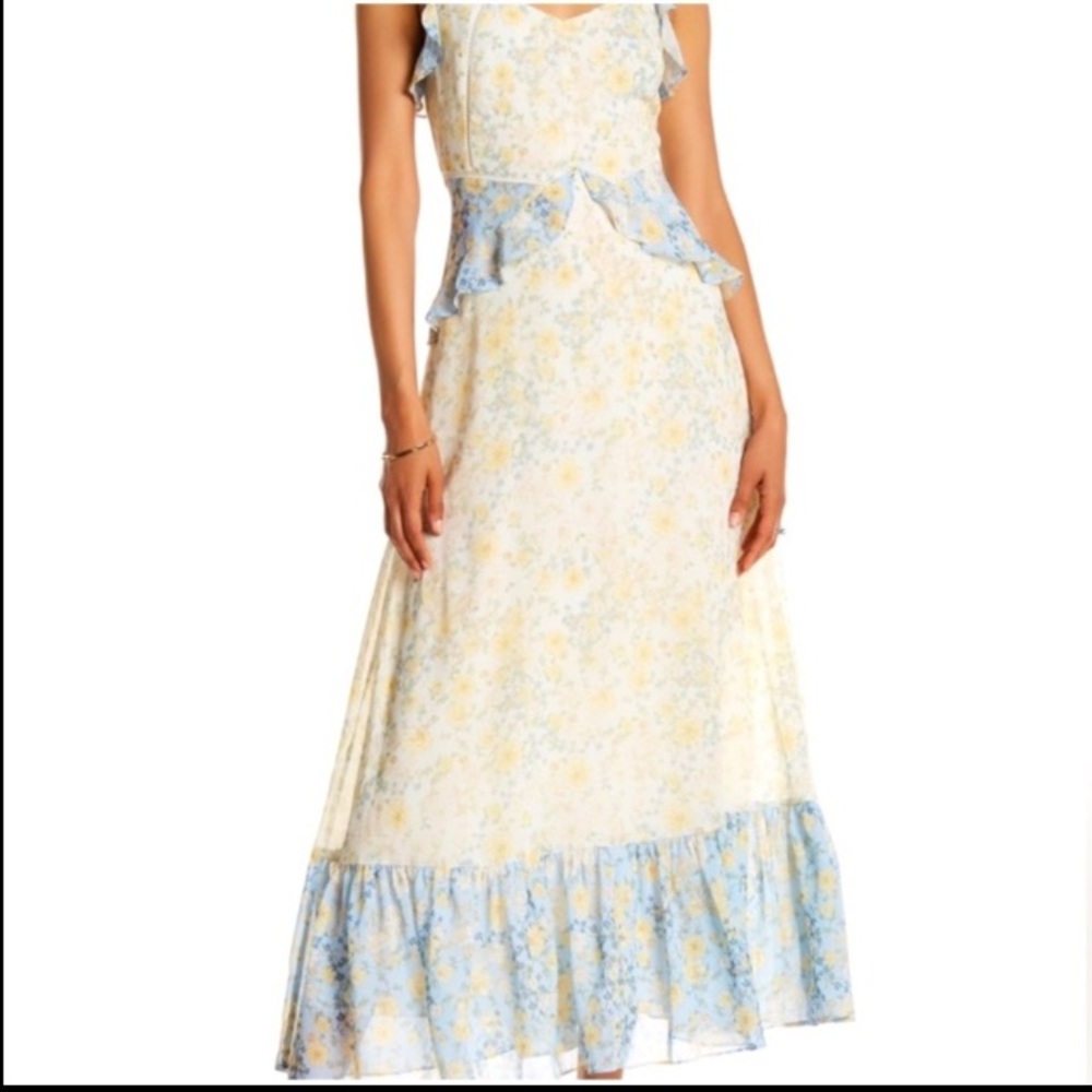 Marchesa Rose Floral Milkmaid Maxi Dress Romantic Cottage Boho Lettuce Straps S